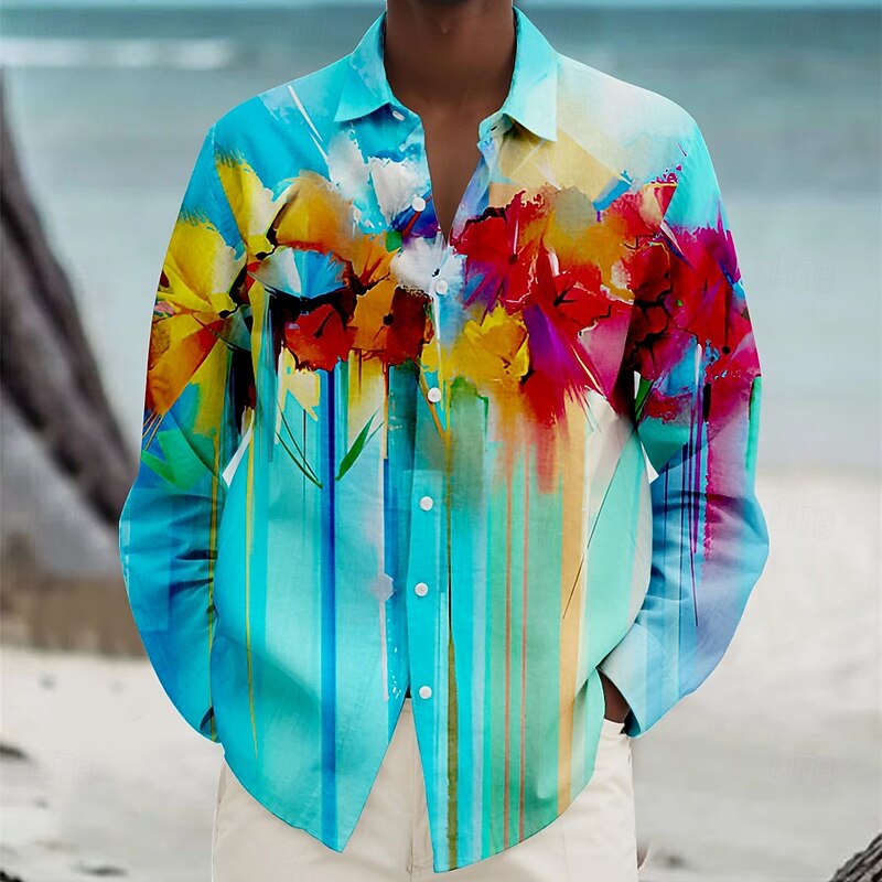 Men's Floral Tropical Flowers Beach Shirt Summer Hawaiian Shirt Button Up Shirt Long Sleeve Shirt Collared Shirts Hawaiian Casual Vacation Daily Yellow Red Blue S M L3