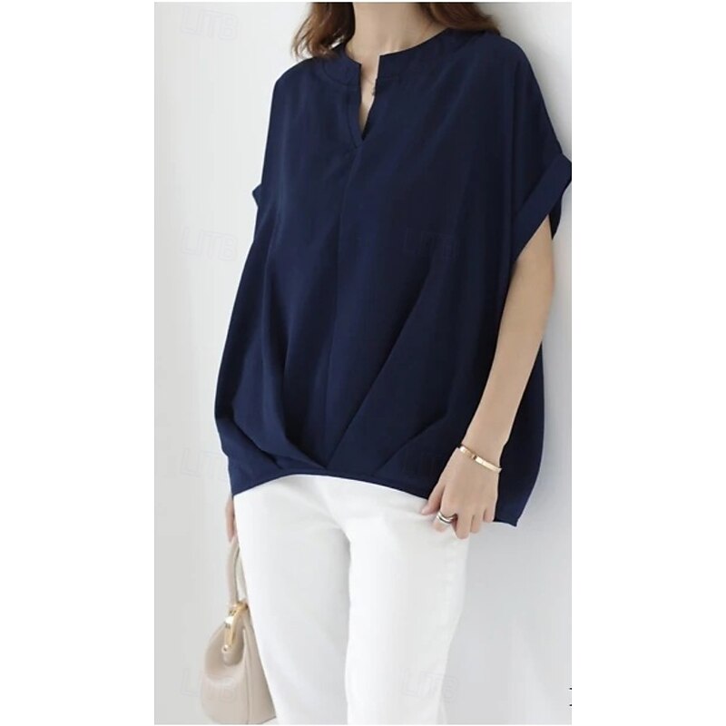 Women's Tunic Short Sleeve V Neck Navy Blue Sky Blue Summer Spring Fall4