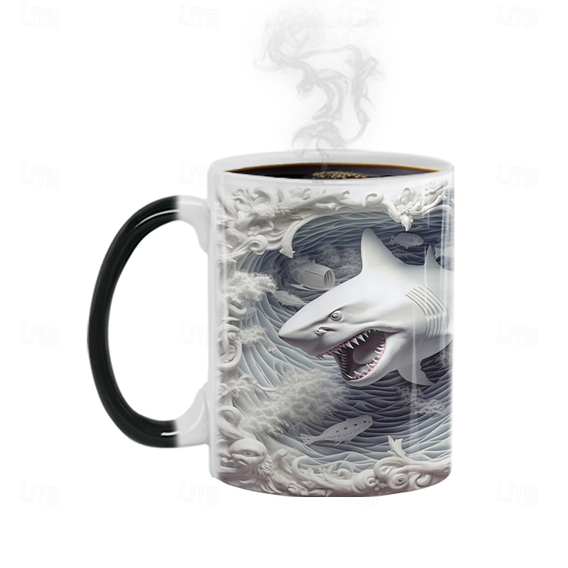 Heat Changing Mug, Shark Heat Changing 3D Illusion Ceramic Gift Coffee Mug, 11 oz Heat Sensitive Color Changing Coffee Mug Cup, Cute Xmas Gift Mug for Shark Lover2