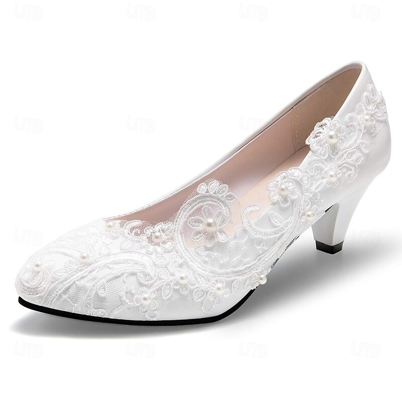 Women's Wedding Shoes White Shoes Dress Shoes Wedding Party Floral Wedding Heels Bridal Shoes Bridesmaid Shoes Imitation Pearl Lace Flower Low Heel Round Toe Cute Business Sexy PU Loafer White