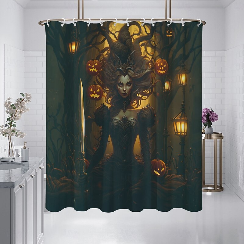 Halloween Shower Curtain Jack-O'-Lantern and Witch Design - Scarecrow Pumpkin Party Decor, Waterproof Polyester Fabric, Machine Washable, 12 Hooks Included for Bathtub or Bathroom Decoration3