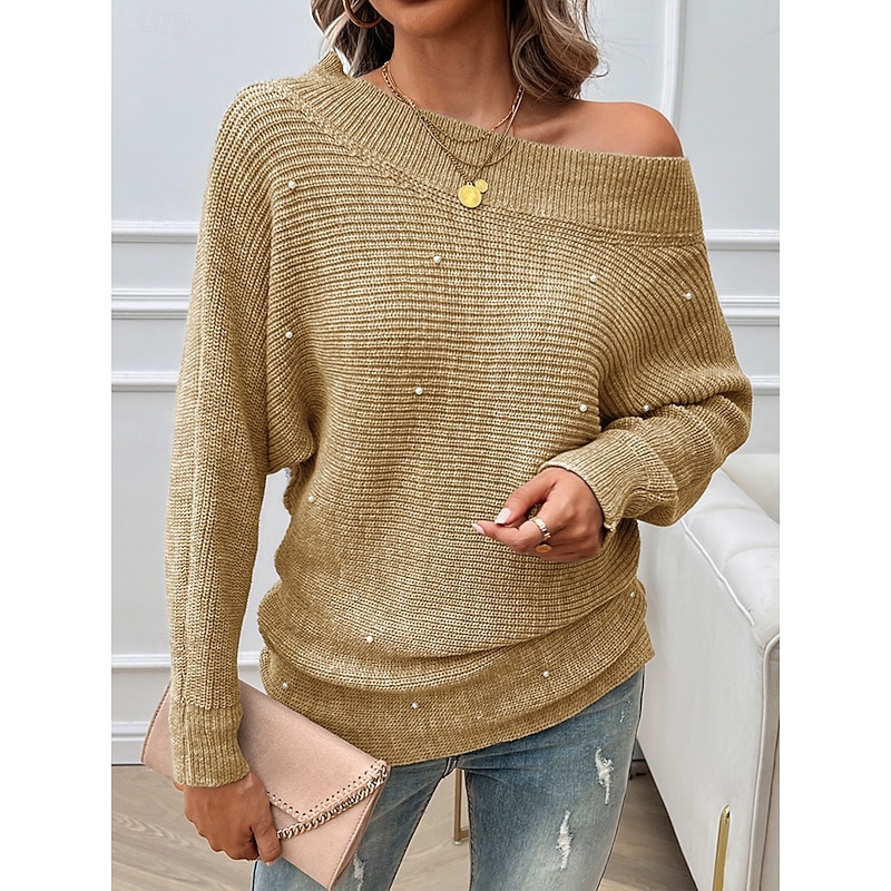 Women's Pullover Sweater Jumper Fashion Casual Solid Color Chunky Off Shoulder Beads Drop Shoulder Long Sleeve Regular Tops Knit Daily Khaki Gray Spring Fall4