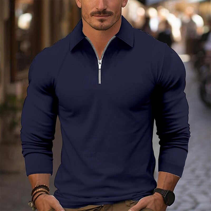 Men's Zip Polo Golf Shirt Work Casual Lapel Long Sleeve Basic Modern Plain Zipper Spring &  Fall Regular Fit Wine Black White Navy Blue Blue Gray Zip Polo4