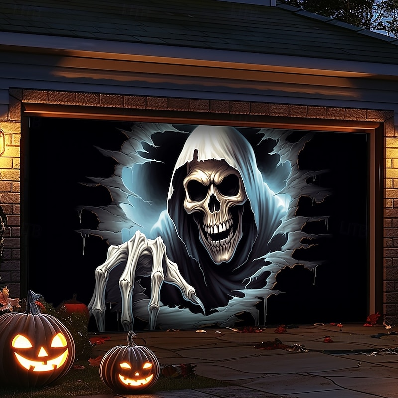 Halloween Door Decorations Outdoor Halloween Garage Door Cover Skeletons Banner Large Tapestry Backdrop Decoration for Holiday Outdoor Garage Door Home Wall Decorations 7