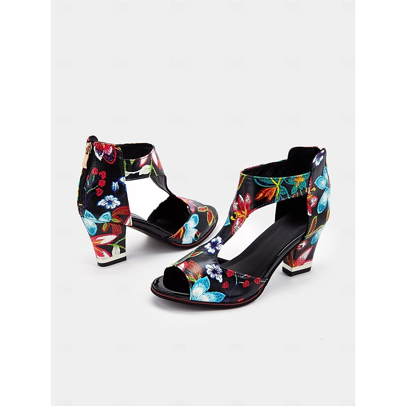 Women's Colorful Floral Print Block Heel Sandals with Cut-Out Design - Stylish Open-Toe Shoes for Summer Parties and Casual Wear2