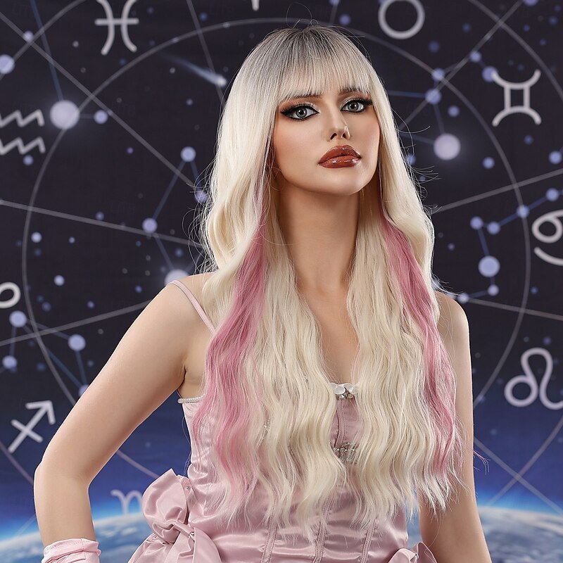 Synthetic Wig Uniforms Career Costumes Princess Curly Wavy Middle Part Layered Haircut Machine Made Wig 24 inch Gold Pink Synthetic Hair Women's Cosplay Party Fashion Blonde3