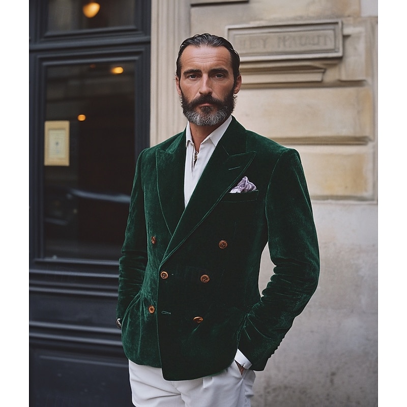 Men's Blazer Jacket Closure collar Vintage Party Velvet Solid Colored Blazer Burgundy Green Standard Fit Double Breasted Four-buttons2
