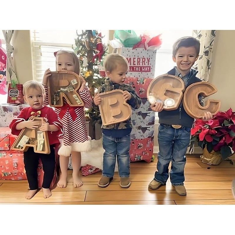 Wooden Letter Piggy Bank 26 Alphabets Wooden Coin Piggy Bank Christmas Birthday Toy Gift Home Decoration for Kids2