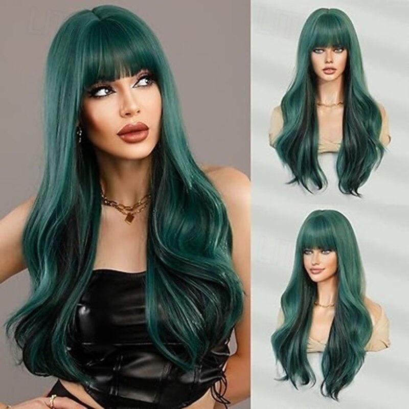 Long Wavy  Wig Natural Heat Resistant Fiber Synthetic Curly Wigs with Bangs for Women Girls Daily Party Chrismas Travel Used3