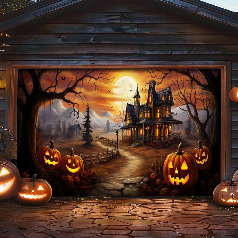 Halloween Door Decorations Outdoor Halloween Garage Door Cover Banner Jack O Lantern Large Tapestry Backdrop Decoration for Holiday Outdoor Garage Door Home Wall Decorations