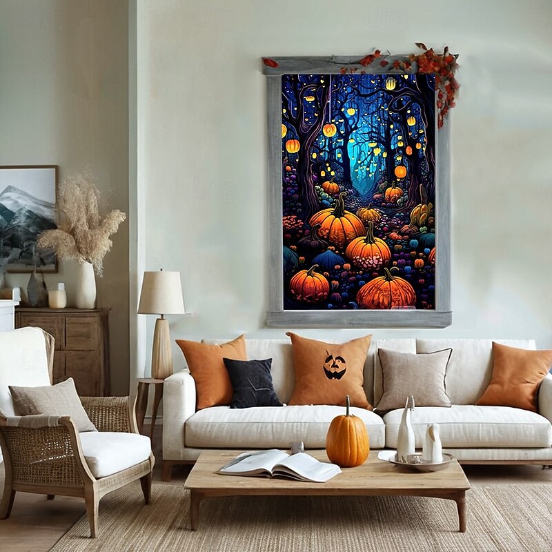 Window Cover Decorations, Fabric Folk Art Pumpkins Curtain Horror Movie Poster Window Door Covering Decor for Haunted House, Window Clings Decals Indoor Outdoor3