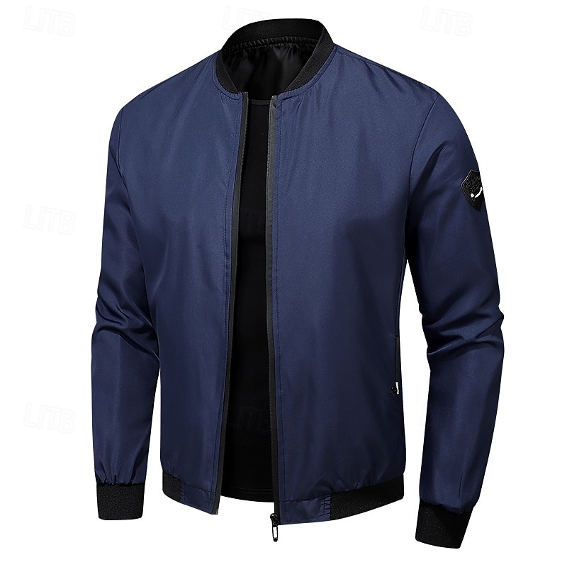 Men's Bomber Jacket Transition Jacket Going out Pocket All Seasons Plain Casual Standing Collar Regular Black Blue Army Green Gray Jacket