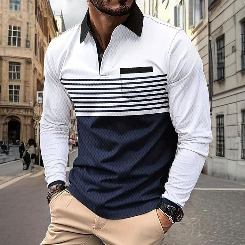 Men's Geometric Polo Shirts Golf Polos Shirts Long Sleeve Polo Shirts Collar Casual Vacation Party Evening Wear Dailywear 3D Print Buttons Spring Fall Winter Black And White