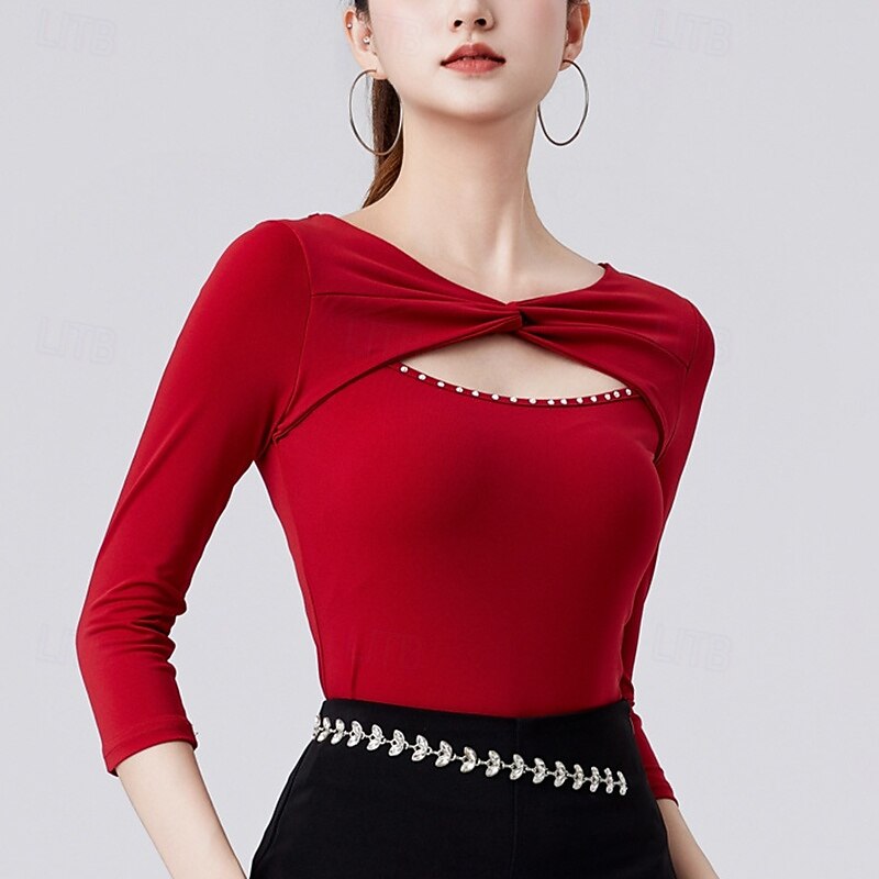 Latin Dance Top Pure Color Splicing Crystals / Rhinestones Women's Performance Training 3/4 Length Sleeve High Polyester4
