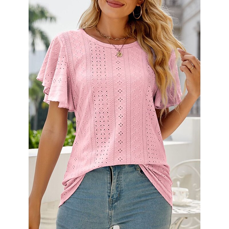 Women's White Elegant Lace Tops Eyelet Blouse Stylish Casual Solid Color Butterfly Sleeve Short Sleeve Regular Tops Crew Neck Daily Romantic Petite Tops Summer Holiday Wear White Pink Purple Green3