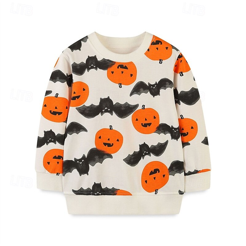 Halloween Boys 3D Pumpkin Bat Sweatshirt Long Sleeve Spring Fall Fashion Basic 100% Cotton Kids 4-7 Years Crew Neck Outdoor Casual Daily Regular Fit