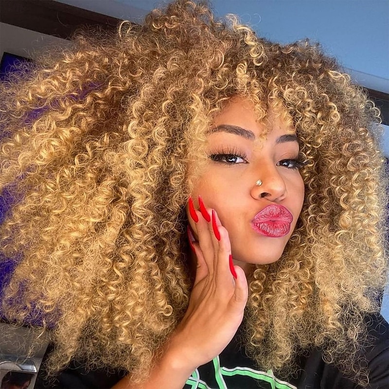 Curly Wig With Bangs Afro Curly Wigs for Black Women Afro Kinky Wig Synthetic Fiber Glueless Full and Fluffy Long Curly Wig for Fashion Women
