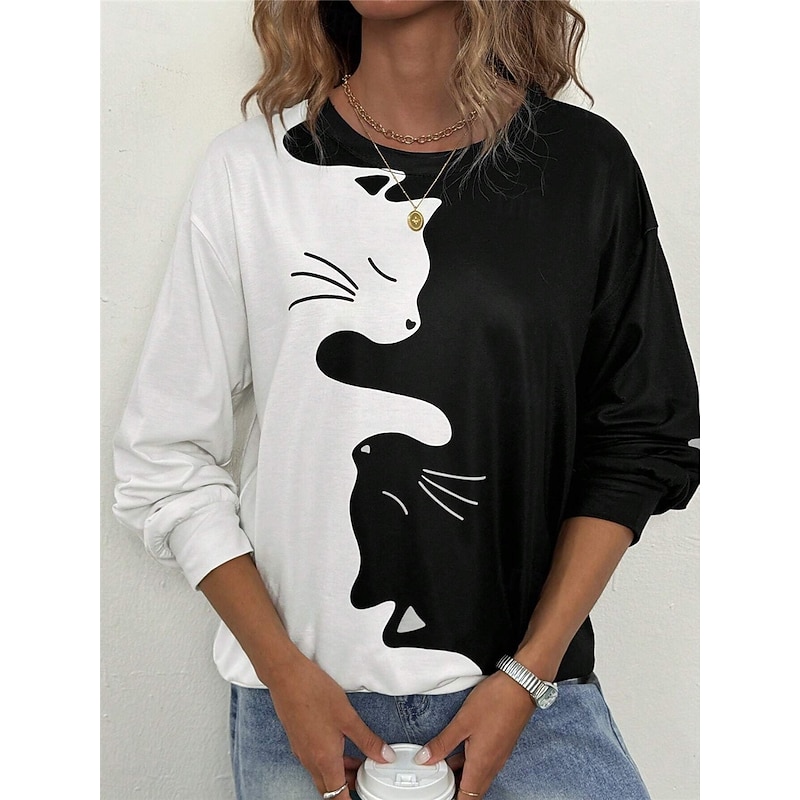 Women's Sweatshirt Cat Street Dailywear Print Casual Crew Neck Long Sleeve Micro-elastic Fall Winter Comfrt Breathable Soft Fabric