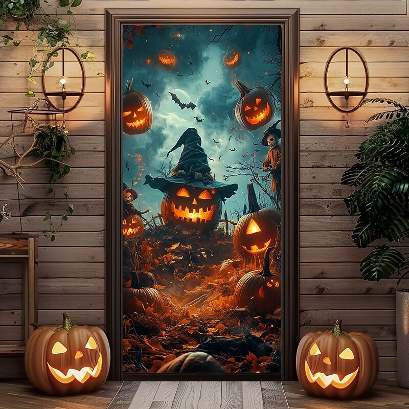 Halloween Door Decorations Door Covers Jack O Lantern Pumpkin Door Curtain Door Tapestry Decoration Backdrop Door Banner for Front Door Farmhouse Holiday Party Indoor Outdoor Decor Supplies4