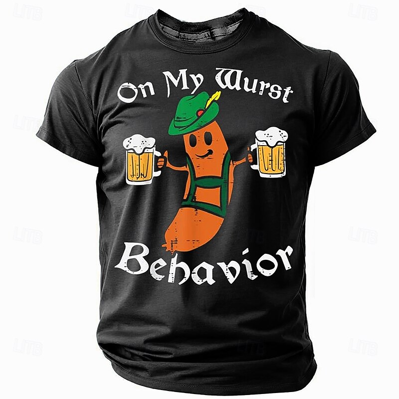 Men's On My Wurst Behavior Funny Oktoberfest Pun Graphic T-Shirt, Short Sleeve, For Beer Lovers