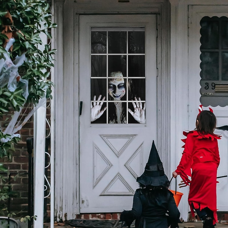 Halloween Window Cover Decorations, Fabric Bloody Hand Creepy Halloween Curtain Horror Movie Poster Window Door Covering Decor for Haunted House, Scary Halloween Window Clings Decals Indoor Outdoor3