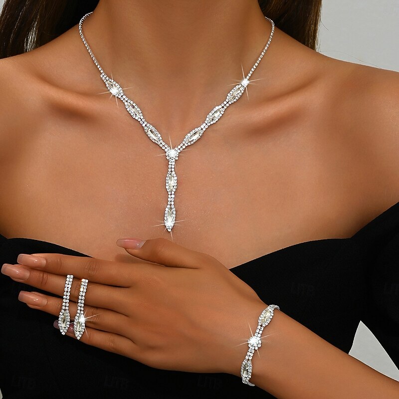 Jewelry Set 4pcs Rhinestone Alloy Earrings Necklace Bracelets Women's Elegant Cute Dainty Geometrical Geometric Jewelry Set For Wedding Anniversary Valentine's Day4