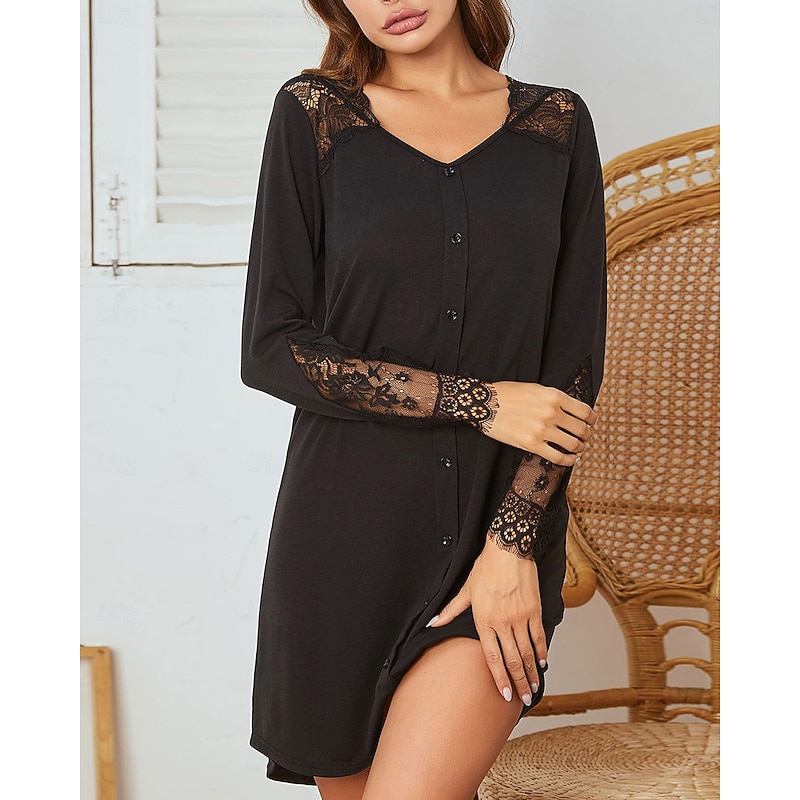 Women's Pajamas Nightgown Pure Color Casual Comfort Home Daily Bed Comfort V Neck Long Sleeve Button Lace Spring Fall Black Light Grey Home Outfits3