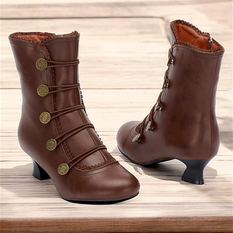 Women's Brown Vintage Victorian Lace-Up Ankle Boots with Button Details and Mid Heel for Cosplay, Historical Reenactments, and Everyday Wear3