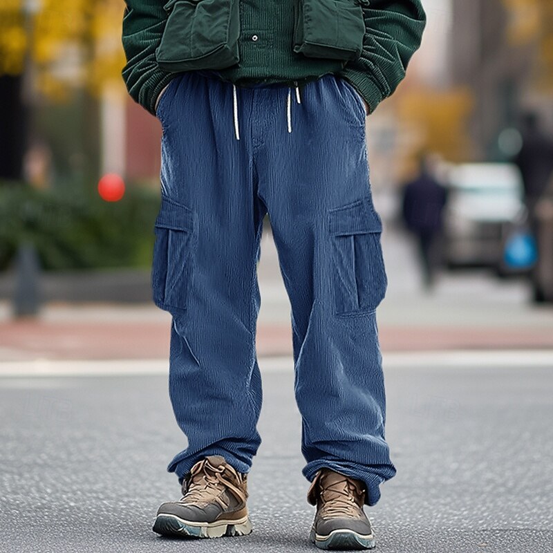Men's Cargo Pants Corduroy Pants Trousers Baggy Pants Casual Pants Drawstring Elastic Waist Multi Pocket Plain Comfort Soft Full Length Outdoor Casual Daily Fashion Streetwear Black Navy Blue4
