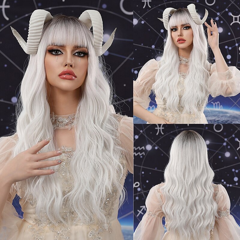 Synthetic Wig Uniforms Career Costumes Princess Curly Wavy Middle Part Layered Haircut Machine Made Wig 24 inch Black / White Synthetic Hair Women's Cosplay Party Fashion White