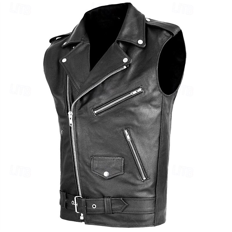 Men's Vest Gilet Leather Vest Daily Date Vacation Fashion Casual Spring &  Fall Pocket PU Leather Comfortable Plain Zipper Lapel Regular Fit Black Vest