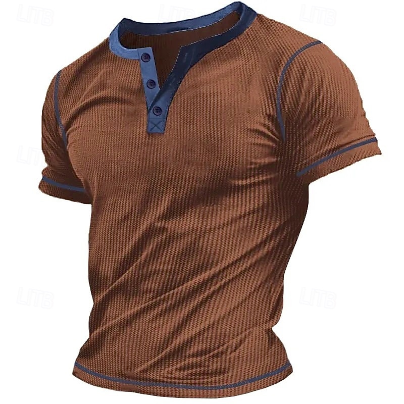 Men's Waffle Henley Shirt Tee Top Solid Color Henley Outdoor Casual Short Sleeve Button Clothing Apparel Polyester Fashion Designer Comfortable3