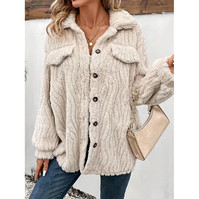 Women's Fleece Jacket Teddy Coat Warm Breathable Buttons Pocket Casual Plain Vacation Street Daily Wear Going out Single Breasted Regular Turndown Regular Fit Long Sleeve Outerwear Apricot Fall Winter2