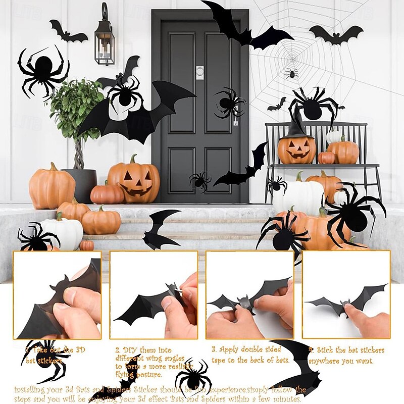 68PCS Large 3D Halloween Sticker Spider and Bat Wall Decals Set - Black Bat Stickers for Halloween Decorations4