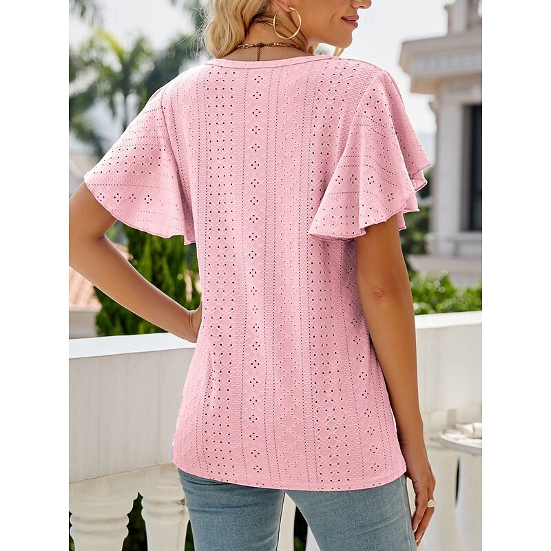 Women's White Elegant Lace Tops Eyelet Blouse Stylish Casual Solid Color Butterfly Sleeve Short Sleeve Regular Tops Crew Neck Daily Romantic Petite Tops Summer Holiday Wear White Pink Purple Green4