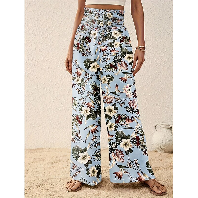 Women's Wide Leg Pants Trousers Casual Daily Long Floral Wide Leg Printing Breathability Comfortable Micro-elastic Vacation Weekend Pink Navy Blue Blue Apricot Spring & Summer Regular Fit3