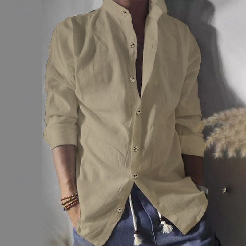 Men's Shirt Band Collar Shirt Summer Shirt Beach Wear Button Up Shirt Solid Color Street Daily White Long Sleeve Stand Collar Spring & Fall Clothing Apparel Button-Down3