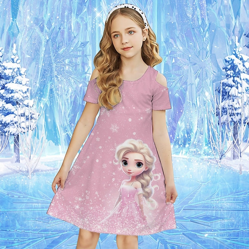 Girls' 3D Graphic Cartoon Snowflake Dress Short Sleeve Summer Spring Vacation Daily Holiday Beautiful Sweet Kids 4-12 Years Casual Dress Knee-length Regular Fit