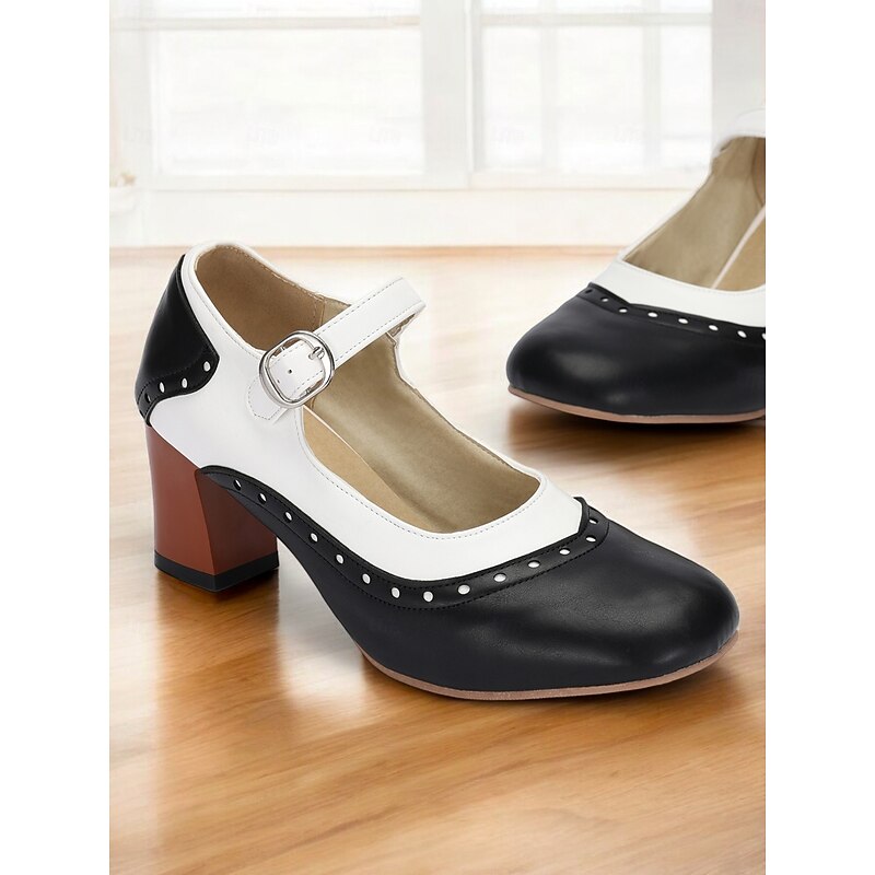 Women's Black and White Mary Jane Block Heel Shoes - Retro Style with Buckle Strap for Vintage-Inspired Outfits