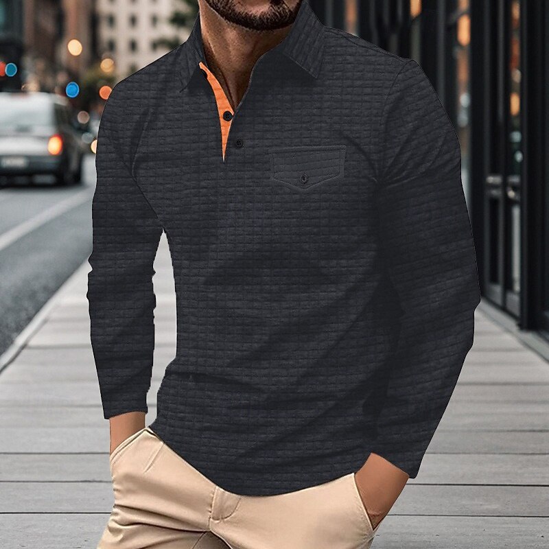 Men's Waffle Polo Shirts Golf Shirt Work Casual Lapel Long Sleeve Basic Modern Plain Texture Buttons Spring &  Fall Regular Fit Black White Navy Blue Dark Gray Orange Light Grey Waffle Polo Shirts4