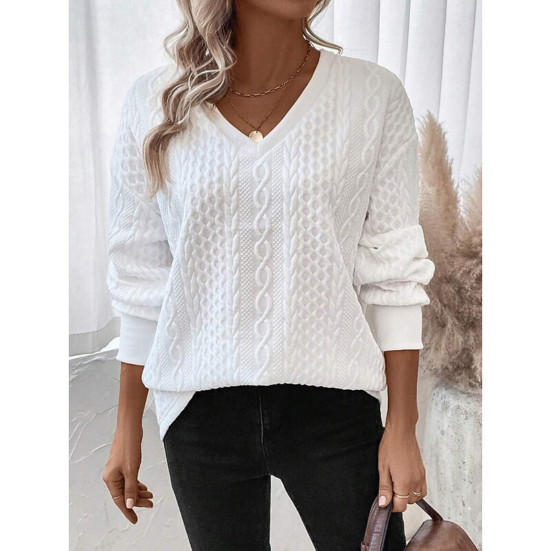 Women's Pullover Fashion Plain Dailywear Casual V Neck Zipper Loose Fit Long Sleeve White Spring Fall4