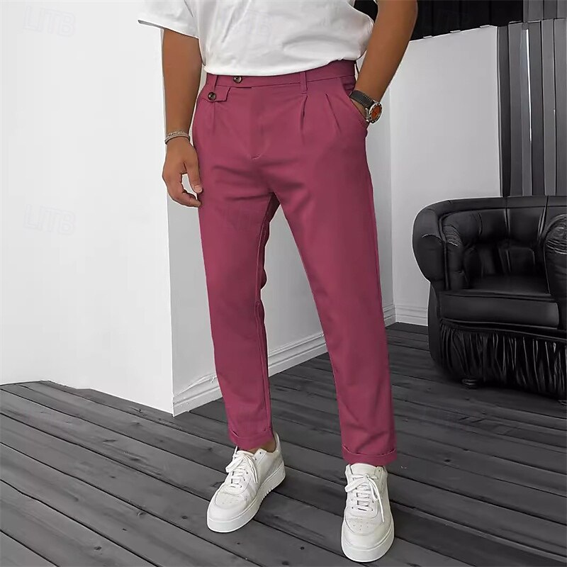 Men's Dress Pants Trousers Chinos Buttons Pocket Plain Comfort Formal Party Work Fashion Classic Style Black Wine Micro-elastic4