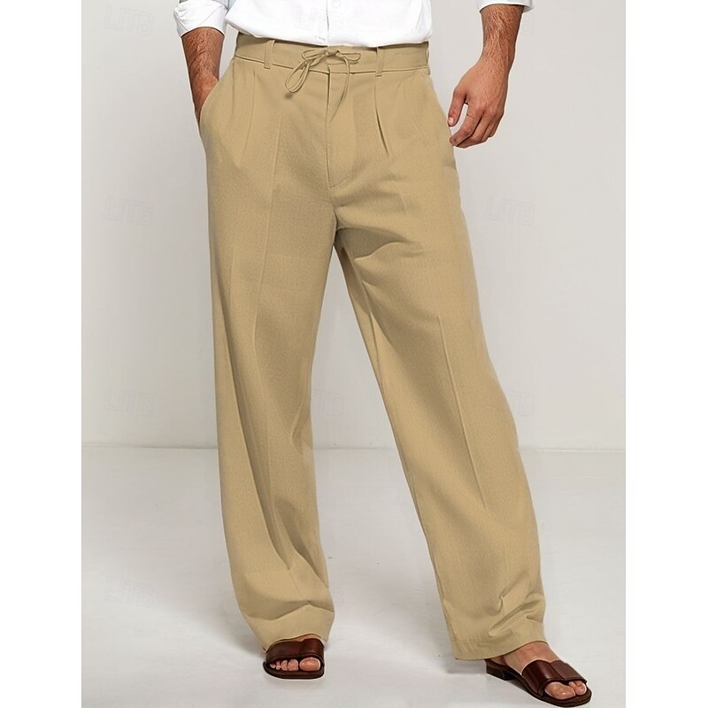 Men's Trousers Summer Pants Beach Pants Drawstring Elastic Waist Pleats Plain Comfort Breathable Casual Daily Holiday Fashion Classic Style Black White