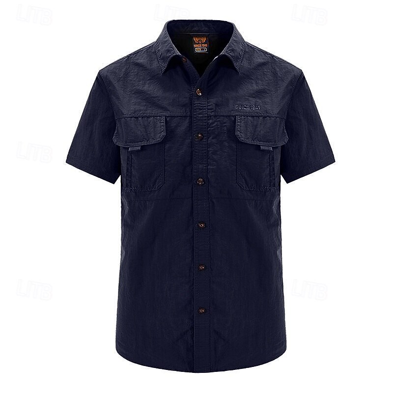 Men's Shirt Workwear Shirts Casual Shirt Work Shirt Button Up Shirt Cargo Shirt Black Blue khaki Army Green Gray Short Sleeve Plain Lapel Vacation Holiday Front Pocket Clothing Apparel Polyester2