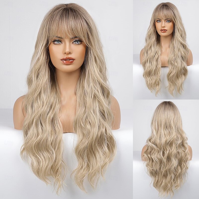 Wig Long Curly Wig with Bangs Natural Appearance Heat-Resistant Synthetic Wig Suitable for Fashionable Women2
