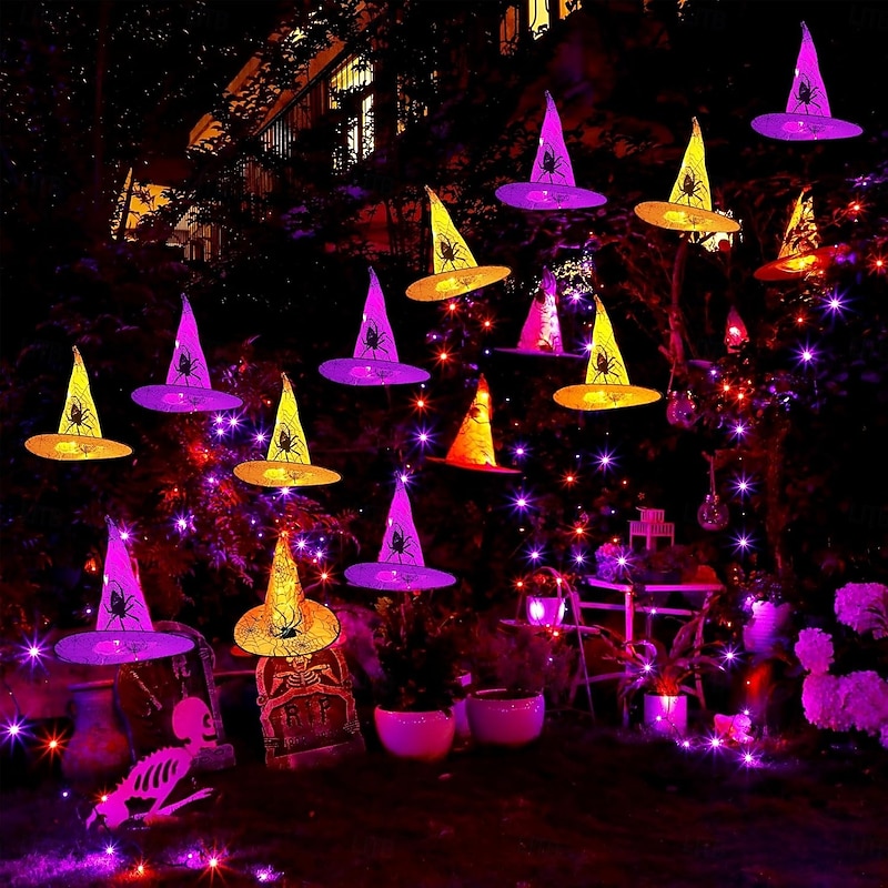 8pcs Halloween Glow Witch Hat Remote Control Outdoor Tree Hanging Lights 40LED Battery Powered Halloween Party Garden Yard Balcony Decoration4