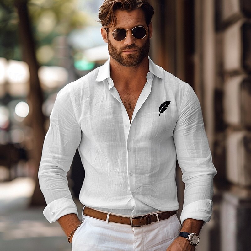 Men's Linen Shirt Leaf Outdoor Vacation White Pink Green Gray Long Sleeve Collar Spring &  Fall Clothing Apparel Button Up2