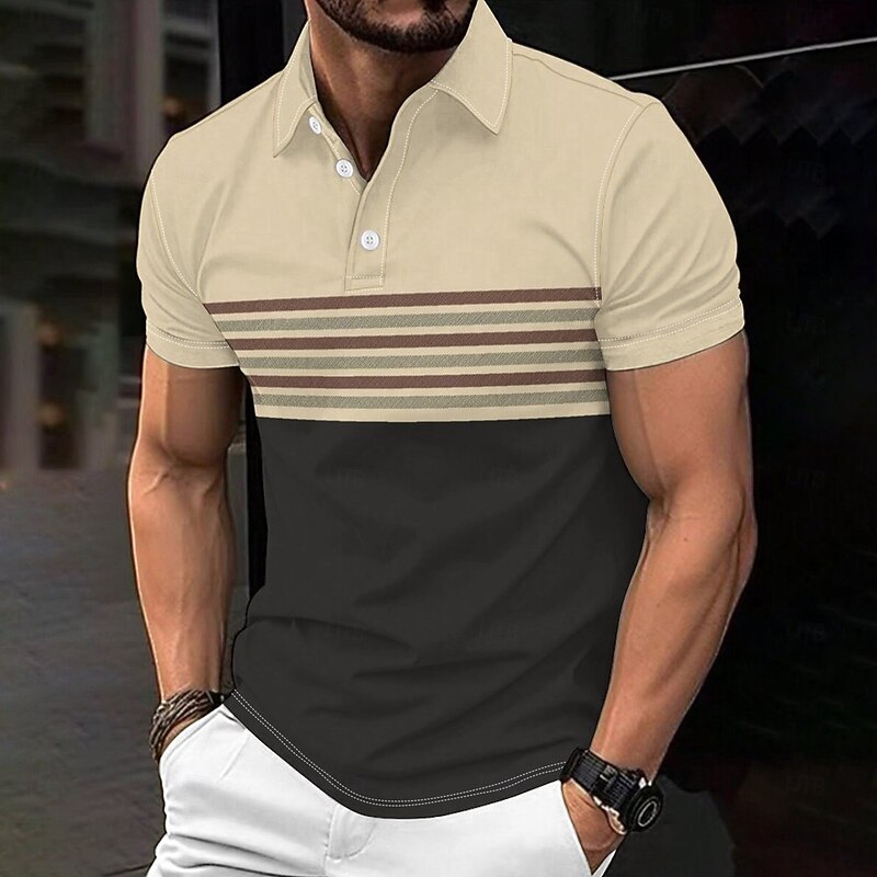 Stripes Men's Casual Print Polo Set Casual Daily Wear 95% Polyester 5% Spandex Short Sleeve Turndown Polo Shirts Brown Spring & Summer S M L Micro-elastic Lapel Polo