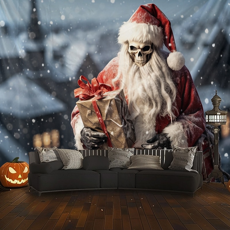 Hanging Tapestry Skeleton Christmas Santa Claus Wall Art Large Tapestry Mural Decor Photograph Backdrop Blanket Curtain Home Bedroom Living Room Decoration 15