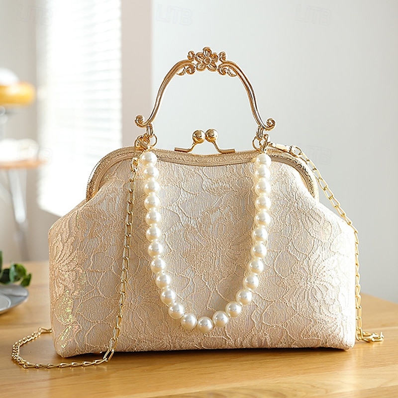 Women's Vintage Pearl Handle Lace Clutch - Elegant Evening Bag for Weddings and Formal Events